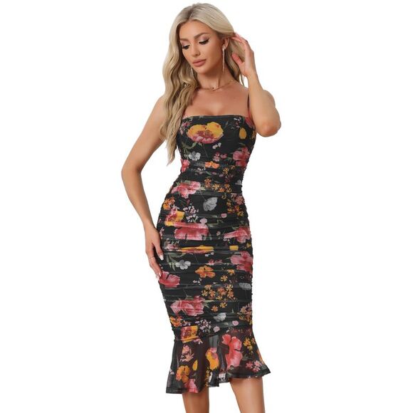 Ruched Bodycon Floral Mesh Sleeveless Ruffle Hem Cami Dresses Black - Picture 1 of 6